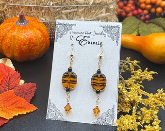 Orange and Black Tiger Beads with Swarovski Crystals on Gold Dangle Earrings, Halloween Earrings, Fall Jewelry, Handmade Gift for Her