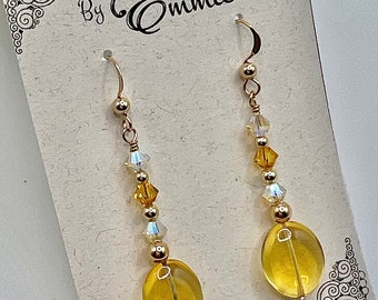 Citrine Colored Beads with Swarovski Crystals on Gold Dangle Earrings, Handmade Gift for Her