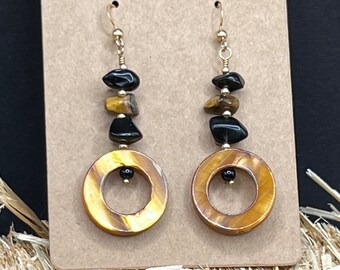 Golden MOP Shell Hoops with Black Onyx and Tigers Eye on Gold Dangle Earrings, Fall Earrings, Earthy Earrings, Handmade Gift for Her