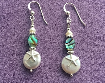 Silver Starfish Coin Pearl and Paua Shell Dangle Earrings