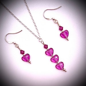 Valentines Hot Pink Swarovski Crystal Hearts Silver Necklace and Earrings Set