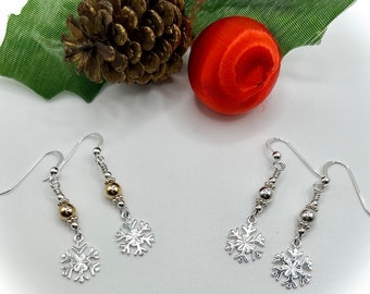 Holiday Christmas Snowflake Dangle Earrings in Silver or Silver with Gold, Elegant Christmas Jewelry, Handmade Gift for Her