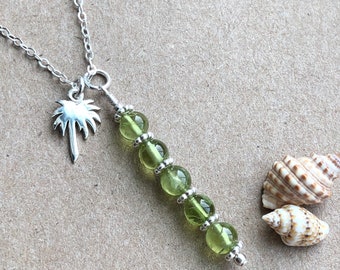Green Peridot Beaded Bar Necklace with Sterling Silver Palm Tree Charm, Tropical Palm Tree Necklace, August Birthstone, Gift For Her