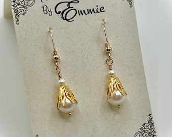 White Freshwater Pearl 14k Gold-Filled Dangle Earrings, Tropical Beach Jewelry, Christmas Jewelry, Stocking Stuffer, Gift for Her