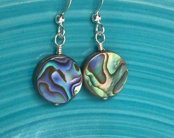 Rainbow Abalone Paua Shell Silver Dangle Earrings, Tropical Beach Jewelry, Ocean Life Jewelry, Handmade Gift for Her