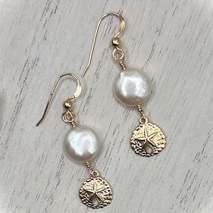 White Coin Pearl and Gold Sand Dollar Dangle Earrings, Tropical Beach Jewelry, Bridal Earrings, Handmade Gift for Her