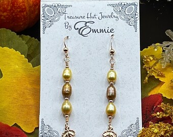 Light Yellow and Soft Brown Pearls with Gold Leaf on Gold Dangle Earrings, Fall Jewelry, Handmade Earrings, Christmas Gift for Her