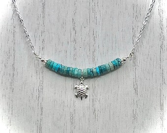 Chrysocolla Blue Green Heishi Beads and Silver Turtle Beaded Bar Necklace, Tropical Beach Jewelry, Sea Life Necklace, Handmade Gift for Her