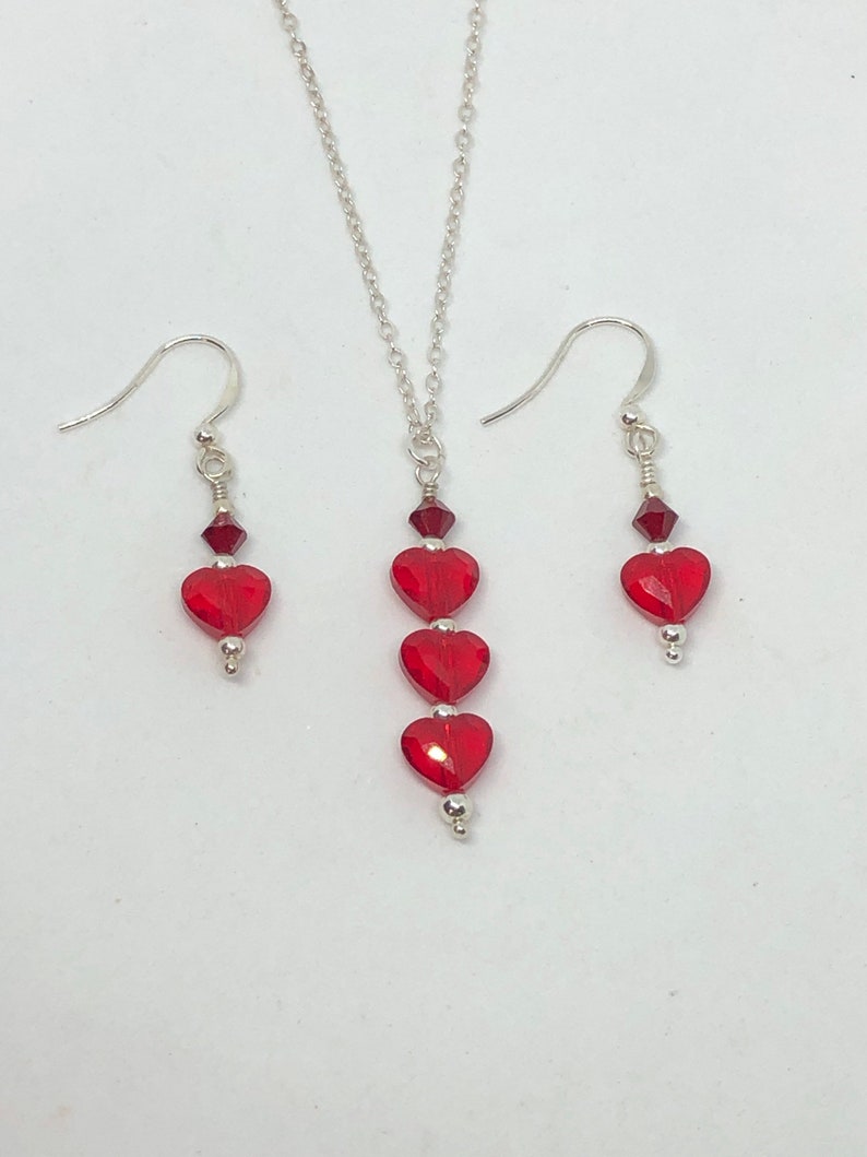 Valentine Red Heart Crystals Silver Necklace and Matching Dangle Earrings