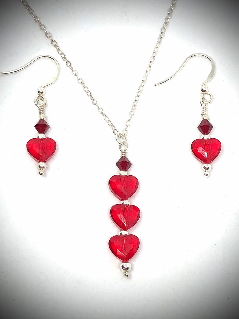Valentine Red Heart Crystals Silver Necklace and Matching Dangle Earrings