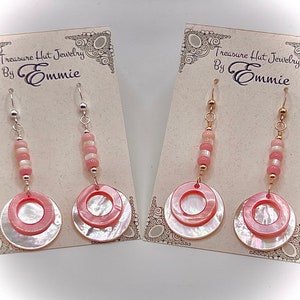 White and Pink Mother of Pearl Dangle Earrings with Pink Queen Conch Shell Beads, Gold Filled or Sterling Silver Earrings, Beach Jewelry