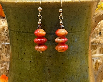 Fiery Orange/Red Bead Stacks with Swarovski Crystals on Gold Dangle Earrings, Fall Earrings, Earthy Earrings, Halloween, Gift for Her