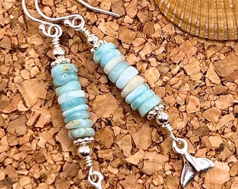 Larimar and Silver Whale Tail Dangle Earrings, Ocean Life Jewelry, Tropical Beach Earrings, Handmade Jewelry for Women, Gift for Her