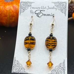 Orange and Black Tiger Beads with Swarovski Crystals on Gold Dangle Earrings, Halloween Earrings, Fall Jewelry, Handmade Gift for Her image 6