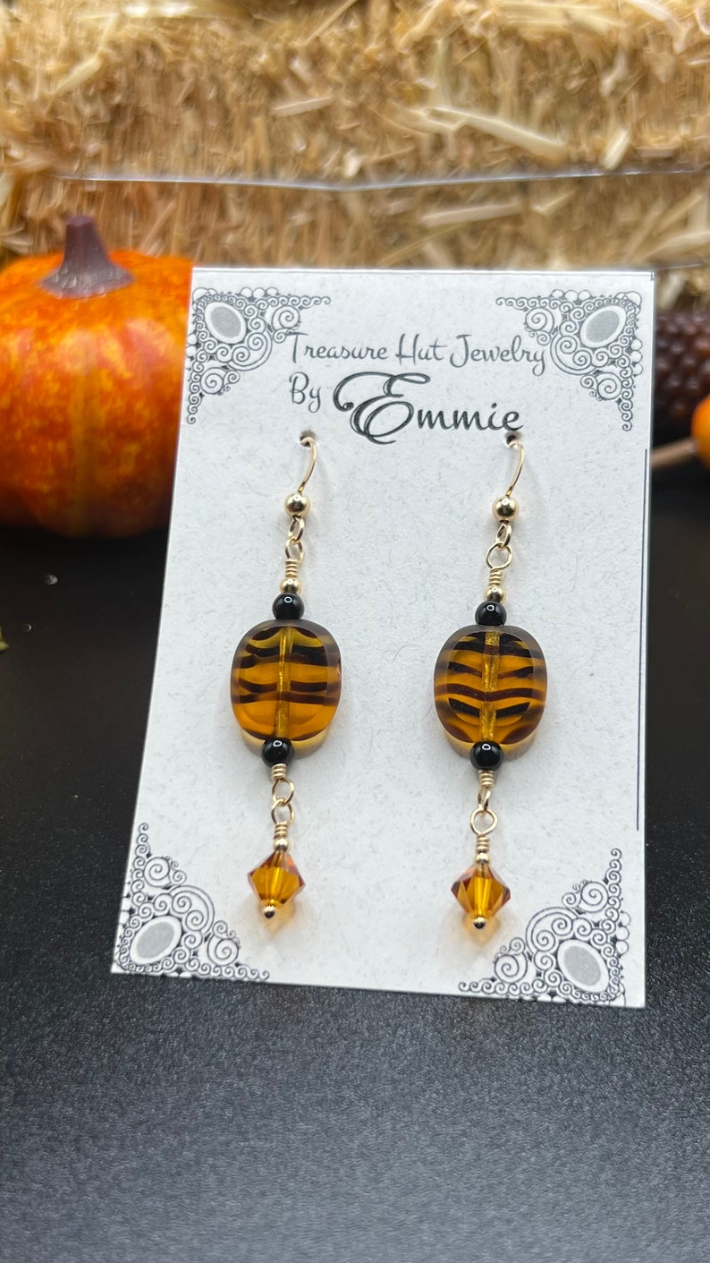 Orange and Black Tiger Beads with Swarovski Crystals on Gold Dangle Earrings, Halloween Earrings, Fall Jewelry, Handmade Gift for Her image 6