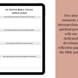 K&ouml;nnte beinhalten: Ein druckbares Bibelstudienblatt mit dem Titel "In Depth Bible Study Application". Das Arbeitsblatt hat vier Abschnitte mit Impulsen zur Reflexion: "What word ideas phrases are repeated. If any why", "What words or phrases are not understandable", "What specific attributes of God do you see", and "What questions do you have regarding the passage".