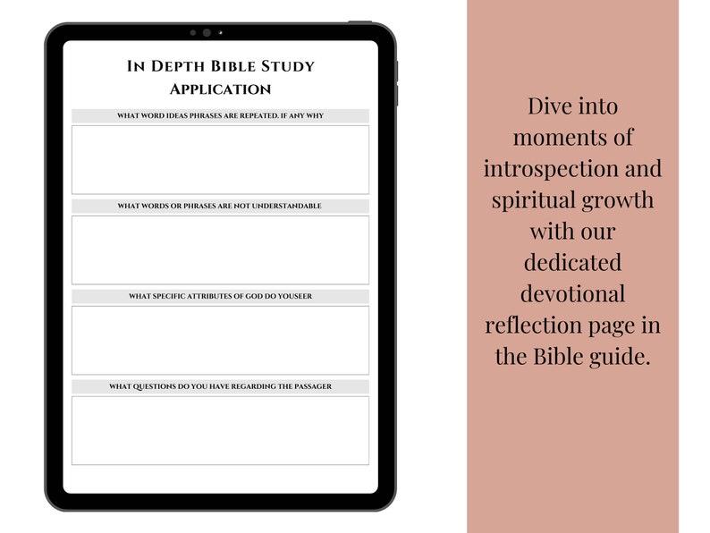 K&ouml;nnte beinhalten: Ein druckbares Bibelstudienblatt mit dem Titel "In Depth Bible Study Application". Das Arbeitsblatt hat vier Abschnitte mit Impulsen zur Reflexion: "What word ideas phrases are repeated. If any why", "What words or phrases are not understandable", "What specific attributes of God do you see", and "What questions do you have regarding the passage".