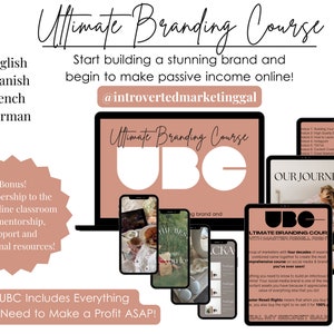 May include: A laptop computer screen displaying a branding course with the text "Ultimate Branding Course" and "UBC Includes Everything You Need to Make a Profit ASAP!" The screen is surrounded by smaller screens with similar branding and text. The background is a light pink color.
