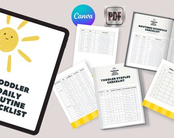 Könnte beinhalten: Ein digitales Tablet zeigt eine druckbare Checkliste für die täglichen Routinen von Kleinkindern. Die Checkliste trägt den Titel "Toddler Daily Routine Checklist" und zeigt eine gelbe Sonne mit einem lächelnden Gesicht. Das Bild zeigt auch gedruckte Checklisten für Kleinkindroutinen, Menüplanung und Einkaufen.