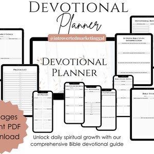 K&ouml;nnte beinhalten: Ein digitaler Planer mit dem Titel "Devotional Planner" und dem Untertitel "@introvertedmarketinggal". Der Planer enth&auml;lt Seiten f&uuml;r Jahresziele, Gebetslisten, Bibelstudiennotizen und t&auml;gliche Andachtsreflexionen. Der Planer ist als 37-seitiger Instant-PDF-Download verf&uuml;gbar.