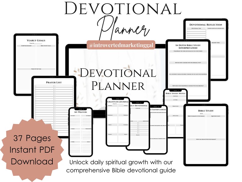 K&ouml;nnte beinhalten: Ein digitaler Planer mit dem Titel "Devotional Planner" und dem Untertitel "@introvertedmarketinggal". Der Planer enth&auml;lt Seiten f&uuml;r Jahresziele, Gebetslisten, Bibelstudiennotizen und t&auml;gliche Andachtsreflexionen. Der Planer ist als 37-seitiger Instant-PDF-Download verf&uuml;gbar.