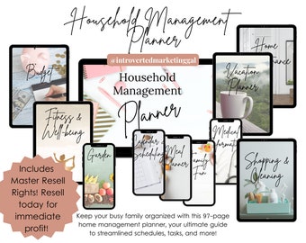 Könnte beinhalten: Ein digitaler Planer für Haushaltsmanagement mit einem rosa-goldenen Farbschema. Der Planer enthält Abschnitte für Budgetierung, Fitness, Wohlbefinden, Gartenarbeit, Menüplanung, Familienspaß, Urlaubsplanung, medizinische Informationen sowie Einkaufen und Putzen. Der Text auf dem Planer lautet "Household Management Planner" und "Keep your busy family organised with this 97-page home management planner, your ultimate guide to streamlined schedules, tasks, and more!"
