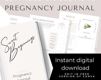 Könnte beinhalten: Ein weißes Schwangerschaftstagebuch mit dem Titel "Sweet Beginnings" und den Worten "Pregnancy Journal" darunter. Das Tagebuch ist geöffnet, um Innenseiten mit Eingabeaufforderungen zu zeigen, und der Text "Instant digital download" wird angezeigt.