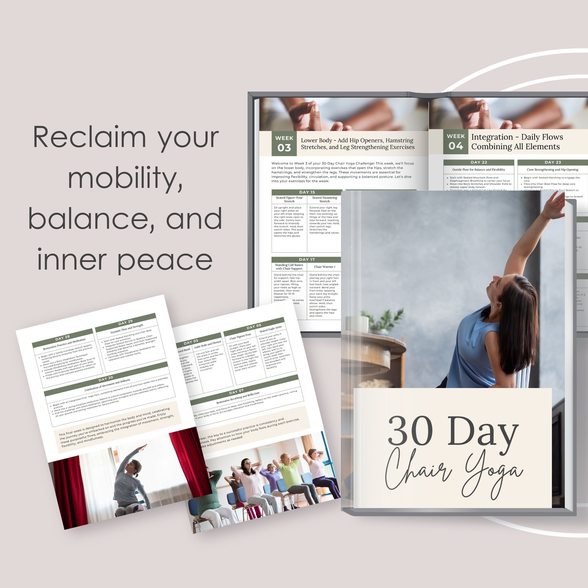 Guía de yoga en silla de 30 días / Guía de ejercicios de bajo impacto / Descarga instantánea / Uso en tu práctica de yoga