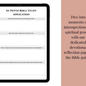 K&ouml;nnte beinhalten: Eine digitale druckbare Bibelstudien-Reflexionsseite mit dem Titel "In Depth Bible Study Application". Die Seite hat vier Abschnitte mit Aufforderungen zur Reflexion und Anwendung der Schrift.