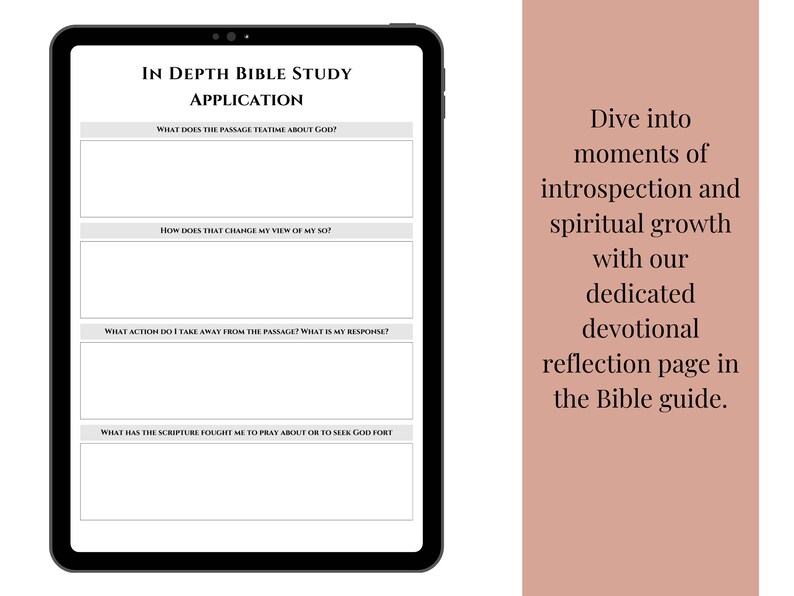 K&ouml;nnte beinhalten: Eine digitale druckbare Bibelstudien-Reflexionsseite mit dem Titel "In Depth Bible Study Application". Die Seite hat vier Abschnitte mit Aufforderungen zur Reflexion und Anwendung der Schrift.