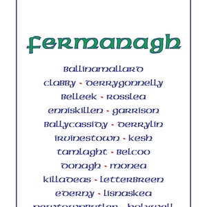 May include: A vertical sign with a blue border features the word "Fermanagh" in green script. Below, a list of place names in blue script is displayed. Decorative Celtic knot designs are in the corners.