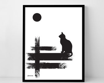 The Cat and the Moon, Cat on the Railing, Cat Lovers, Digital Print, Instant Download, Home Decoration,