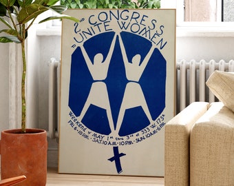 Puede incluir: Un cartel vintage que anuncia el 2º Congreso para Unir a las Mujeres. El cartel presenta una silueta azul de dos figuras con los brazos en alto, sobre un fondo blanco. El texto dice "2º Congreso para Unir a las Mujeres" e incluye las fechas y horas del evento.