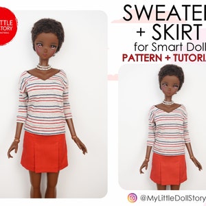 デジタル PDF 形式の V ネック セーターとスカートのスマート ドール パターンと、同様のサイズの 1/3 スケール bjd 人形用。