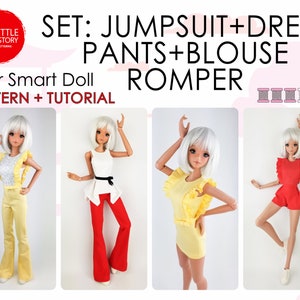 May include: A set of doll clothes patterns for a Smart Doll. The patterns include a jumpsuit, dress, pants, blouse, and romper. The patterns are shown on a doll wearing each of the outfits.