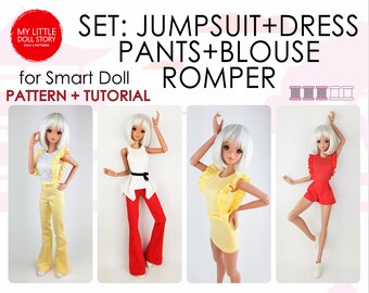 May include: A set of doll clothes patterns for a Smart Doll. The patterns include a jumpsuit, dress, trousers, blouse, and romper. The patterns are shown on a doll wearing each of the outfits.