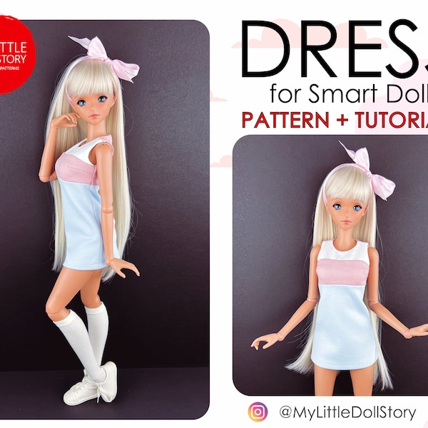 Smart Doll Pattern of DRESS in digital PDF format for small (default) bust and medium size bust, and for similar sizes 1/3 scale BJD.