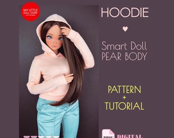 Patroon voor een eenvoudige jersey hoodie voor Smart Dolls met een PEAR-lichaam en vergelijkbare BJD-poppen op schaal 1/3, in digitaal PDF-formaat.
