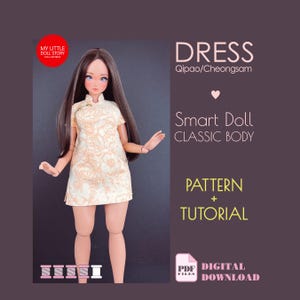 May include: A Smart Doll wearing a peach-colored Qipao dress with a floral pattern. The image includes text that reads "Dress Qipao/Cheongsam", "Smart Doll Classic Body", "Pattern + Tutorial", and "Digital Download".