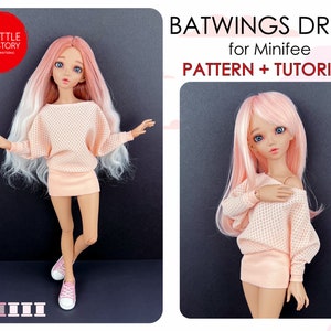 デジタル PDF 形式の DRESS の Minifee パターン。 1/4スケールサイズのドール用バットウィングドレス。