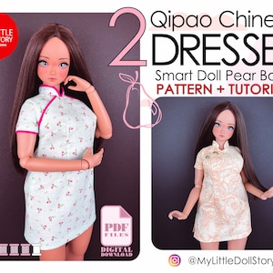 Puede incluir: Dos figuras de Smart Doll con vestidos chinos Qipao. Una muñeca lleva un vestido azul claro con estampados florales y ribetes rosas. La otra muñeca lleva un vestido color melocotón. La imagen incluye el texto "Qipao Chinese Dresses" y "Pattern + Tutorial."