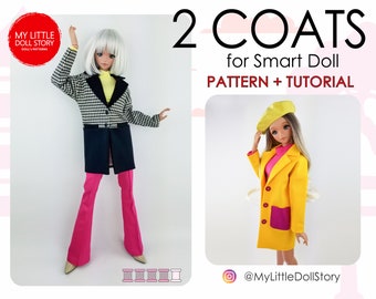May include: Two doll coats, one black and white checked and one yellow with a pink pocket, for a Smart Doll. The image includes the text "2 COATS for Smart Doll PATTERN + TUTORIAL" and the social media handle "@MyLittleDollStory".