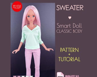Smart Doll Pattern of two V-neck SWEATERS in digital PDF format for small (default) bust and medium size bust.