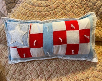 Handmade Vintage Flag Quilt Pillow,  Farmhouse Decor, Patriotic Decor, Red White and Blue