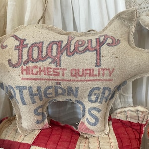 Vintage Grain Sack Pig | 12x8" | Hanging Primitive Farmhouse Stuffed Animal | Shelf Sitter