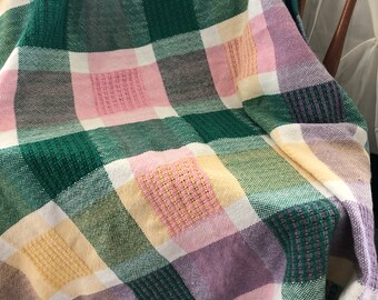 Handwoven Baby Blanket, Green & Pink Plaid, Cotton Throw