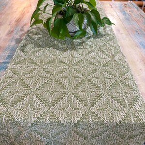 Handwoven and Dyed Organic Cotton Table Runner –Light Green Diamond Pattern