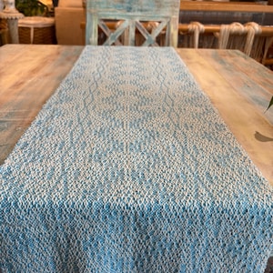 Hand-Dyed Reversible Table Runner in Soft Blue - Unique and Intricate Design