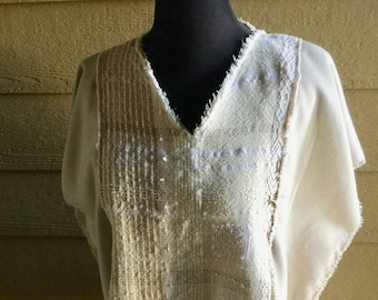 Belgian Linen Moroccan Tunic with Handwoven Improvisational Freestyle  Accents - "Tybee Sands"