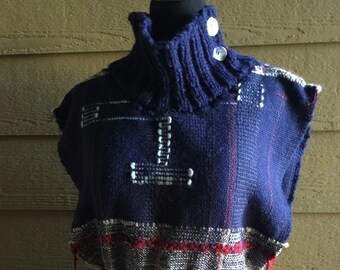 Handwoven Improvisational Freestyle Tabard or Poncho with Handknit Collar